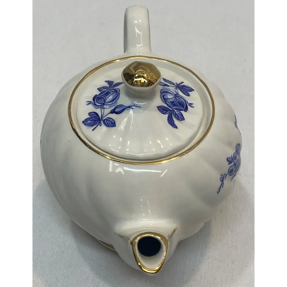 Windsor England Blue White Floral Teapot Individual Size Gold Trim